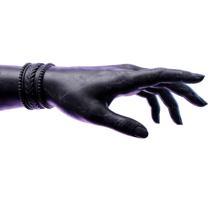Sculpted hand and forearm reaching forward, lit in violet — Nyx emerging from Erebus.