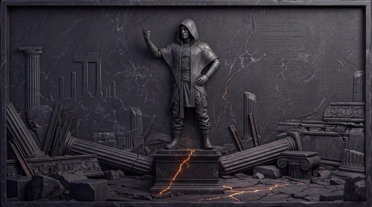 Hooded Genesis Arche figure standing on fractured stone among ancient columns